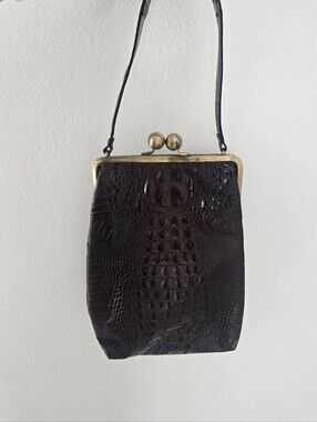 Dark Brown Croc-Embossed Leather Kiss-Lock Wristlet